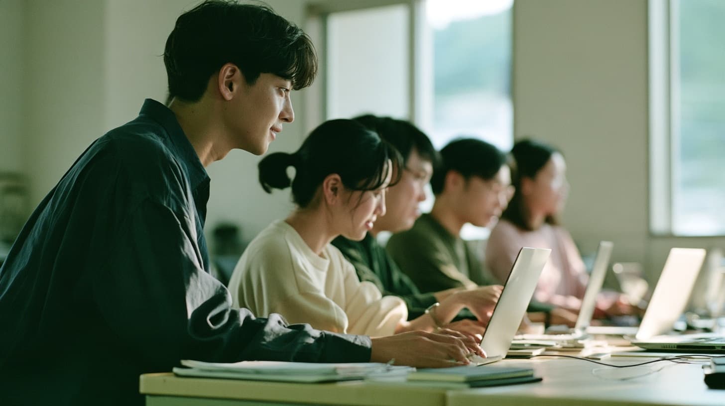 社員がそれぞれのパソコンで実践し、若い講師が横で支援する研修のイメージ写真