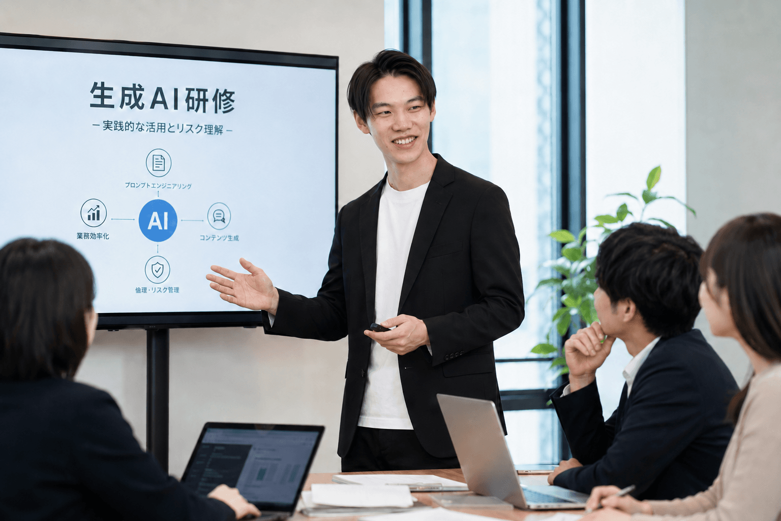 生成AI研修でモニター資料を見ながら学ぶ様子