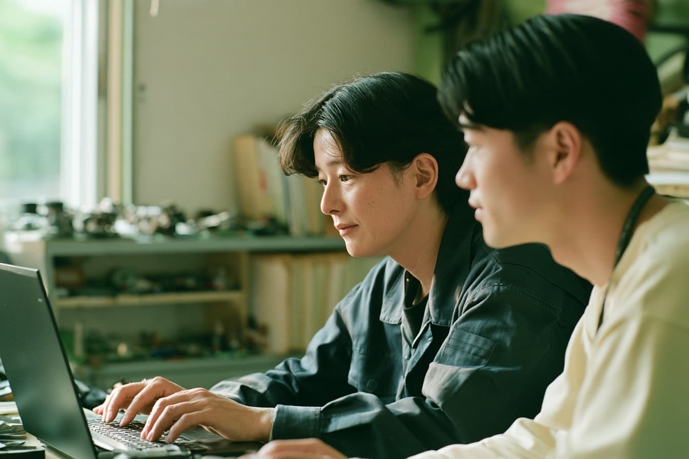 同じ机で横に並び、一緒に考える場面のイメージ写真